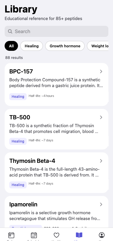 Educational library with more than 85 peptide references